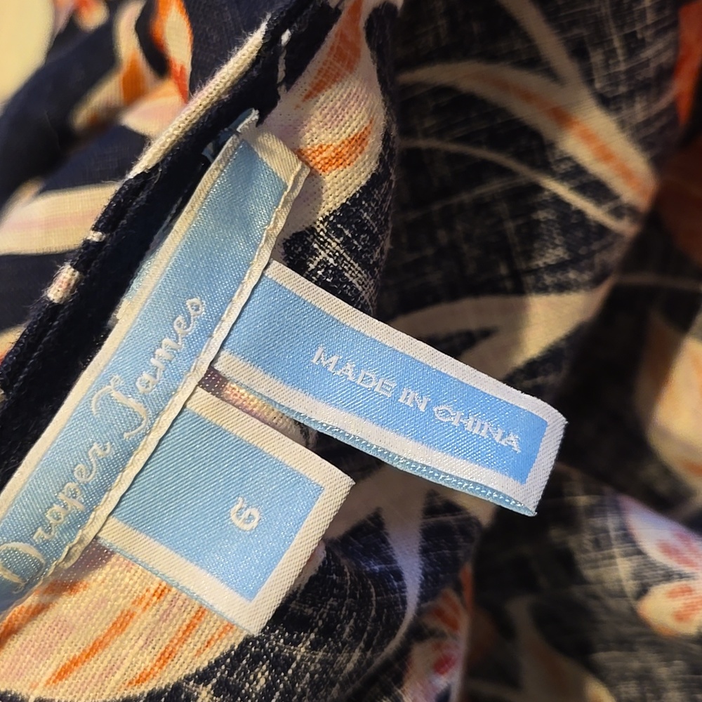 Draper James SIZE 6 Wrap Dress Summer Navy Orange Floral 100% Linen Woman's a1 - Picture 12 of 12